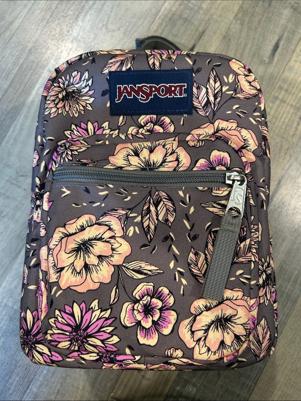 Jansport Floral Lunch Tote in Gray with Pink and Cream Accents